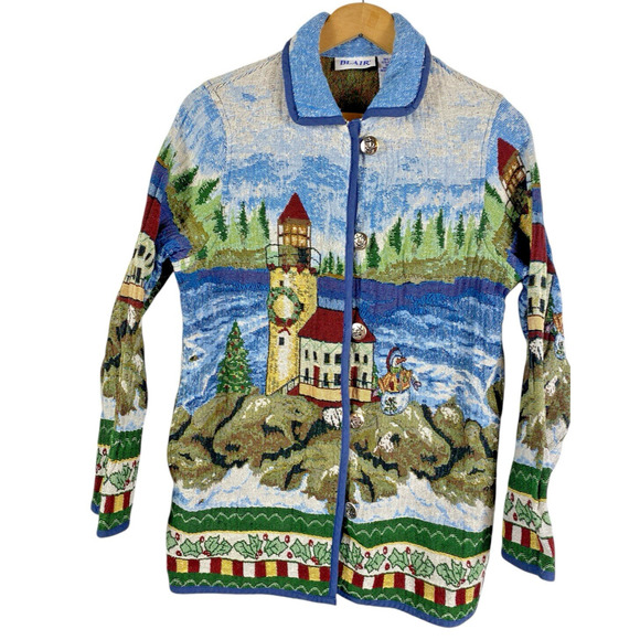 Lighthouse Tapestry Coat Jacket Christmas Art to Wear Grandmacore Size Small Vtg - Picture 4 of 16